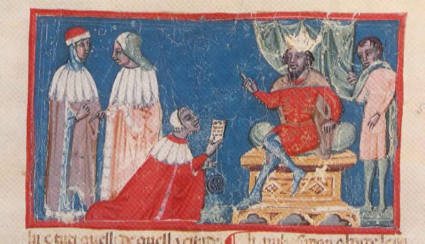 In the above picture we see the Venetian ambassadors who presented their credentials to the Emperor Frederick Barbarossa ( 1122 1190 ) bearing the seal of Pope Alexander III ( 1159 1181 ) Thumbnail of the manuscript ( code Correr 381 , I , 1479 , c . 27r ) Venice , Museo Correr