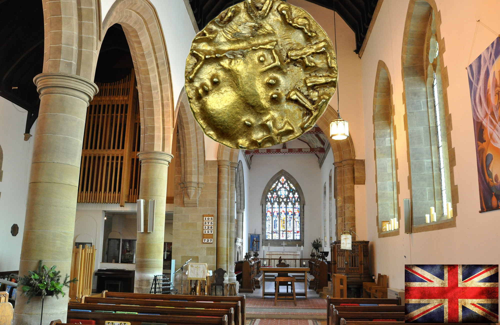 675ad St Peters Church Monkwearmouth with gold Anglo-Saxon coin c645-685
