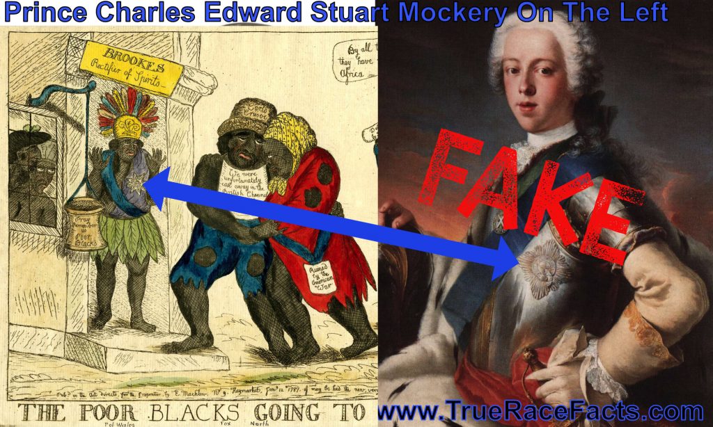 The Prince of Wales and his adherents are travestied as black men; the Prince stands in a doorway inscribed 'Brookes Rectifier of Spirits', which is represented as a debtor's prison: the heads of George Hanger and Burke are seen through a barred window on the left outside which hangs a basket inscribed 'Pray Remember us Poor Blacks'. Both are naked, except for Hanger's accustomed cocked hat