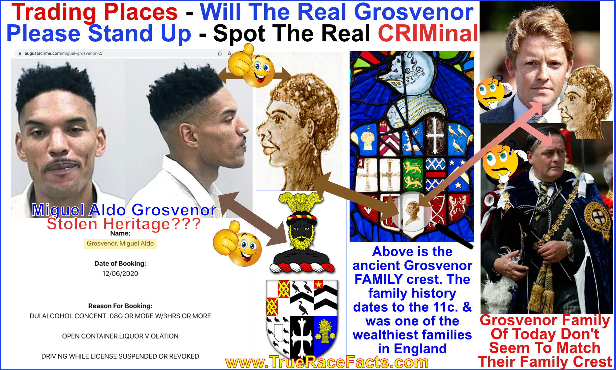 Will the real Grosvenor Please Stand Up - The man in America with the petty crimes matches the ancient family crest more than the current family. Miguel Grosvenor is highly likely the REAL Grosvenor but his family was put into slavery and had their land STOLEN Under during the Cromwelian race wars or during the late 17th century when England was undergoing a genocide race cleanse. I allege