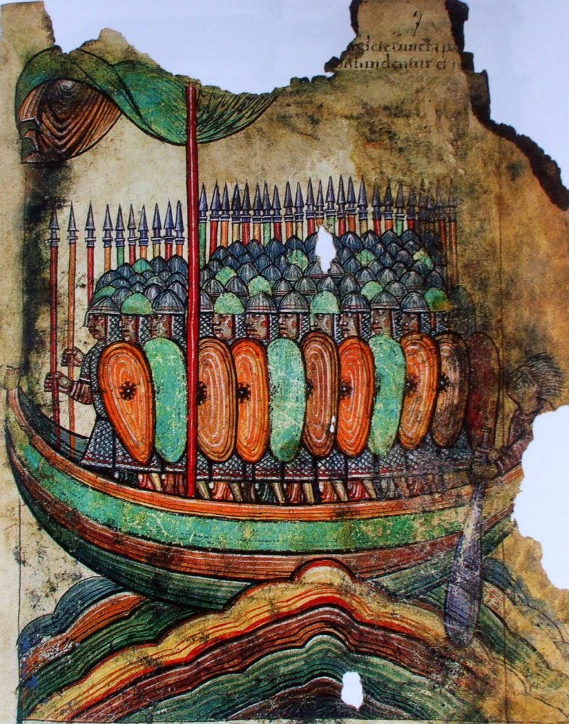 Norman soldiers crossing the English channel, from La Vie de Saint Aubin d'Angers, an 11th-century manuscript