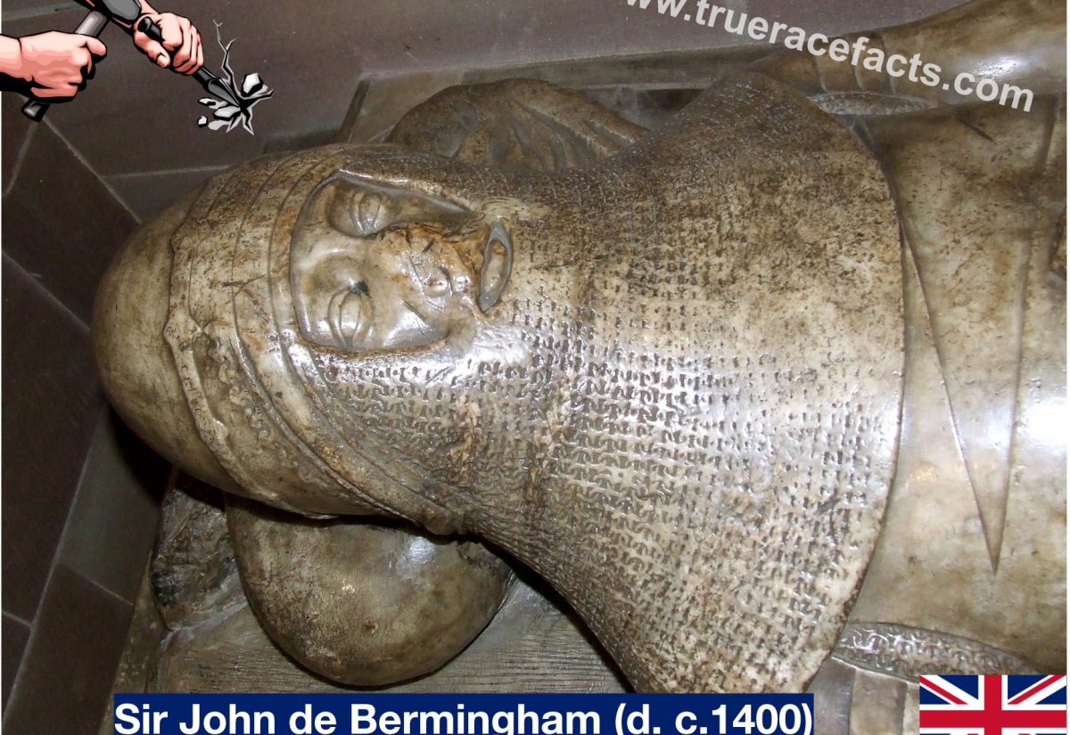 Defaced medieval effigy of Sir John de Bermingham (c.1400), a swarthy noble of Birmingham, with facial features and original paint deliberately removed.