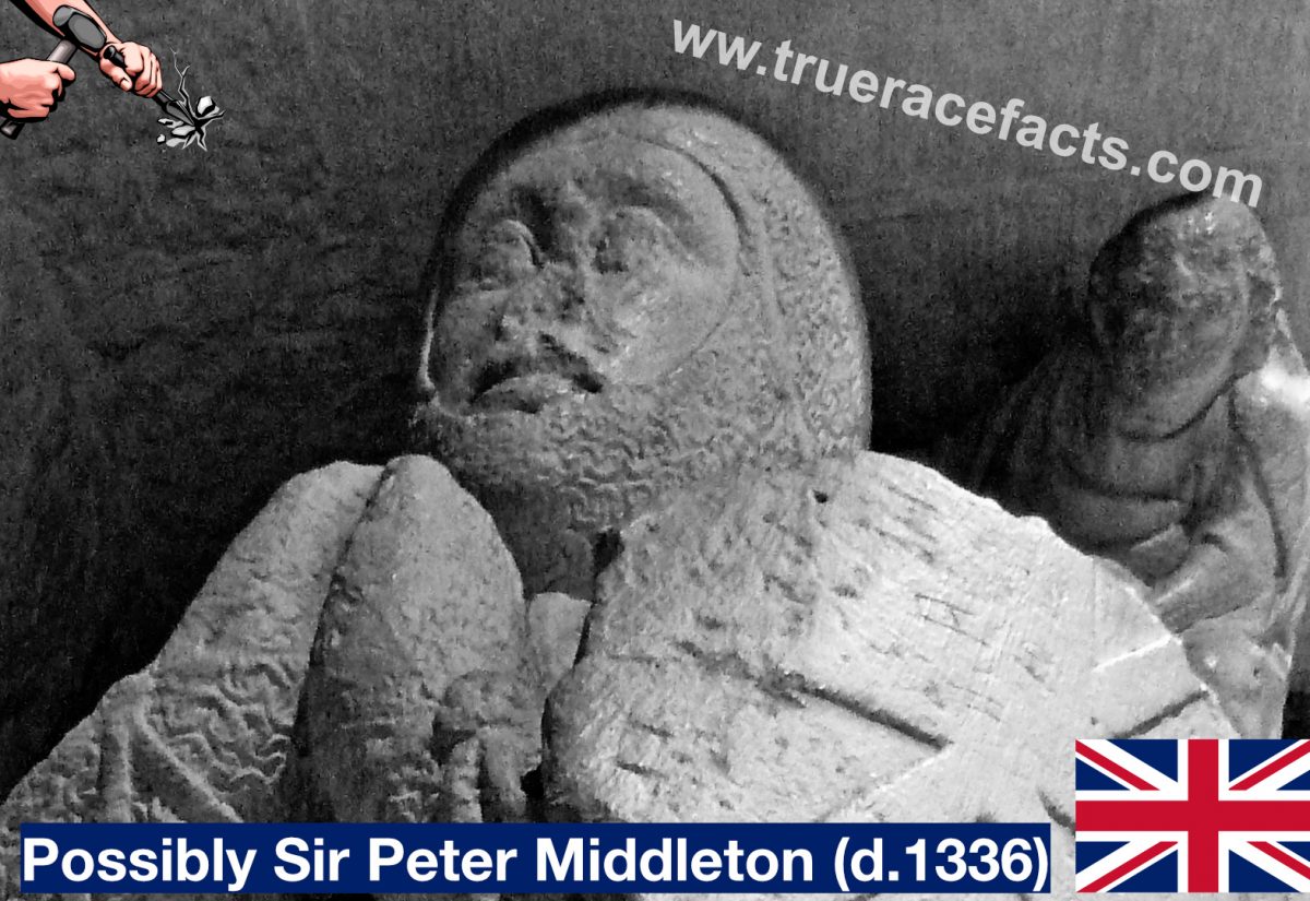 Close-up of the effigy’s face showing intact nose and lip outline. Despite surface wear, the underlying modelling clearly preserves the features of a swarthy medieval noble.