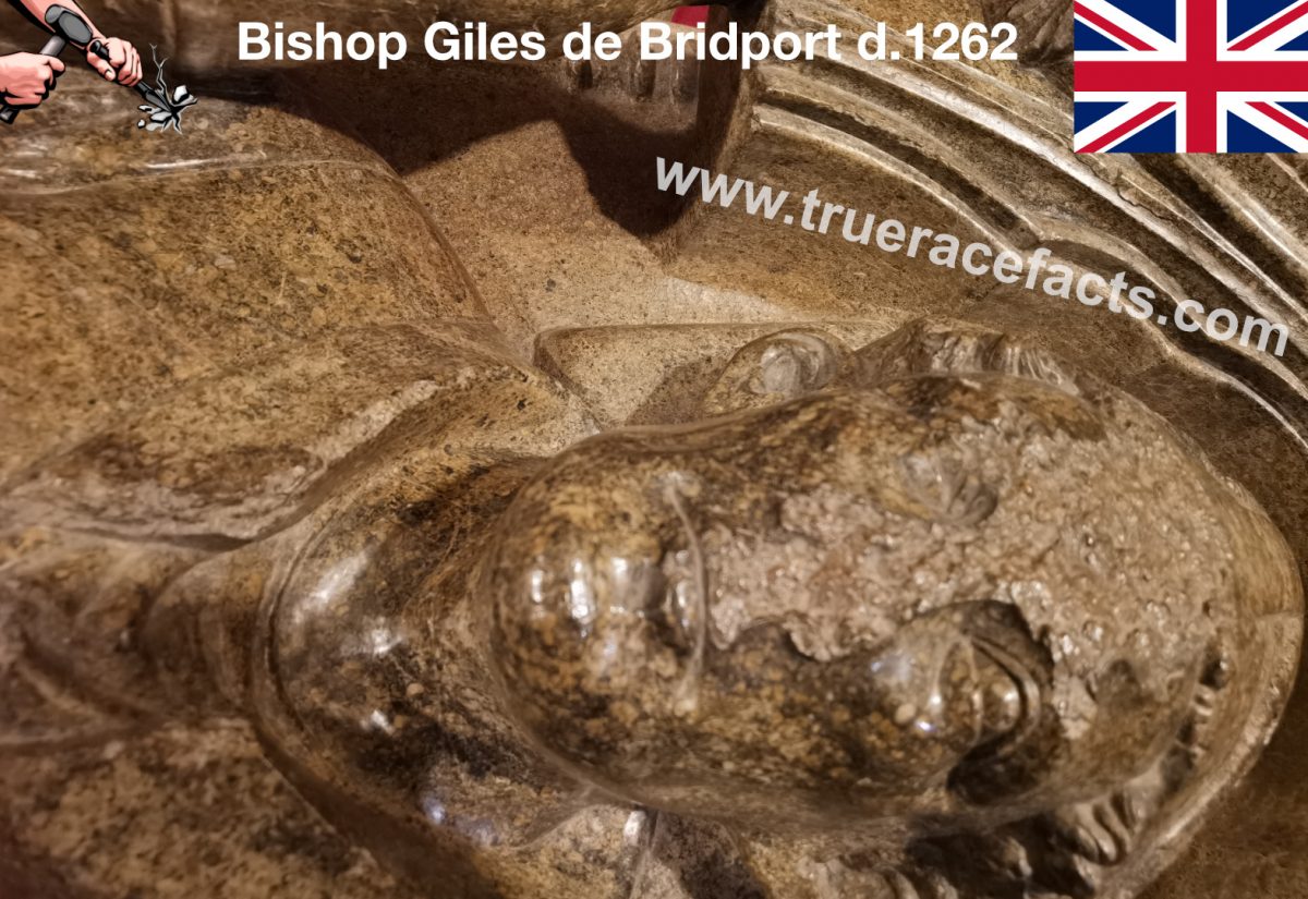 Stone effigy traditionally associated with Giles de Bridport, Bishop of Salisbury, showing a medieval bishop lying in repose wearing episcopal vestments and a mitre.