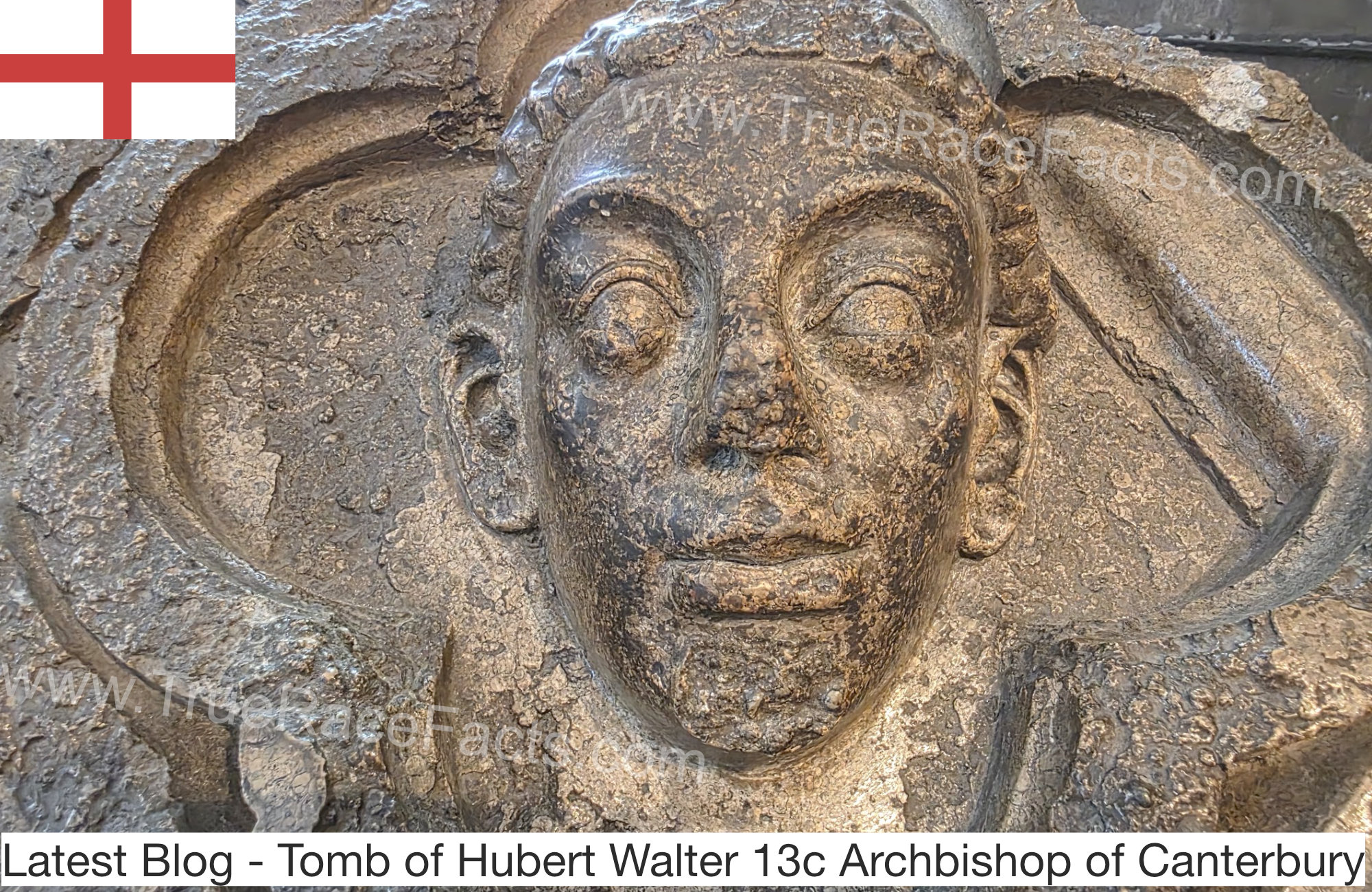 Close-up of the thirteenth-century carved stone heads decorating Hubert Walter's tomb at Canterbury Cathedral, showing surviving broad noses, prominent mouths and full lips on several of the medieval figures.