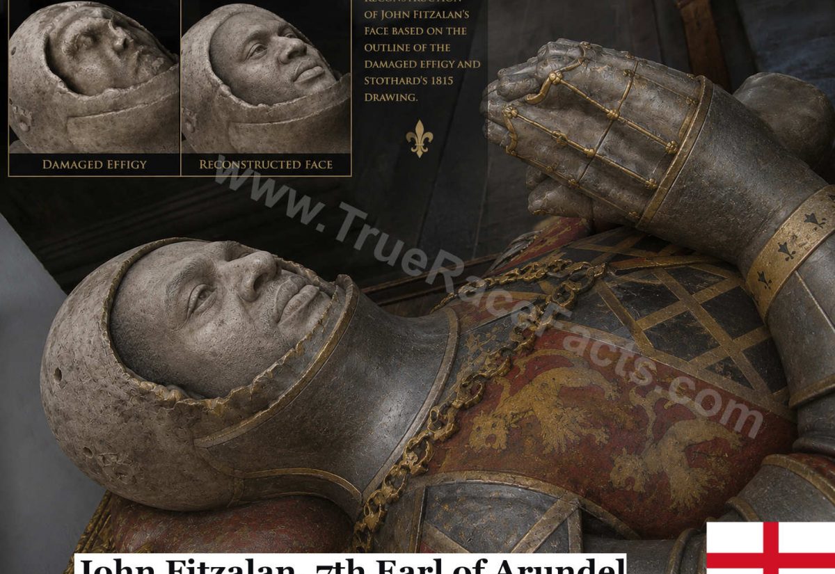 Reconstruction of John Fitzalan's damaged alabaster effigy using Charles Alfred Stothard's 1815 drawing as a guide to the lost facial features. The face has been retained in stone rather than assigned a speculative skin colour.